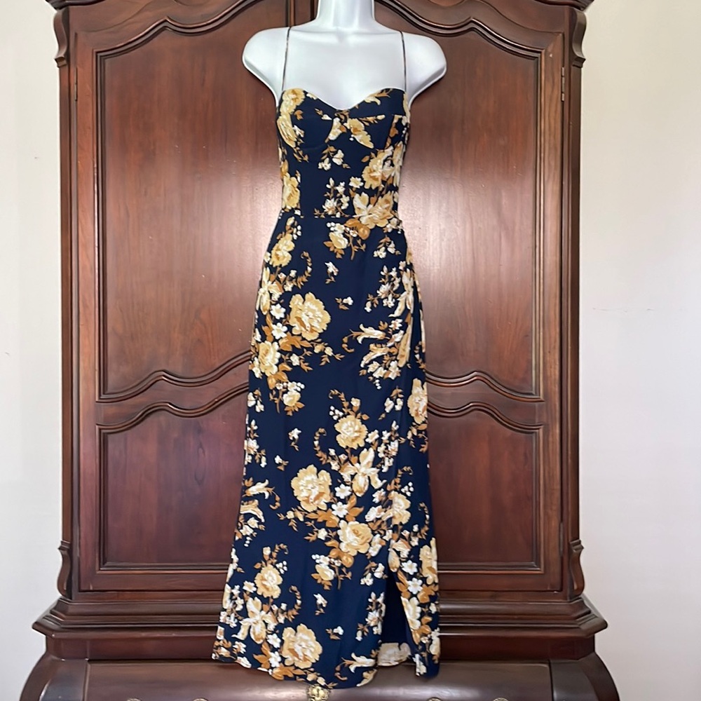 Reformation Navy Floral Slip Dress with Mustard Yellow Blooms